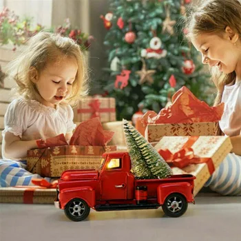 Ziemassvētku Sarkanā Vintage Classic Car Roku Tin Kravas Automašīnu Modeli Ceļojumu Versija Pikaps Mājas Apdare Auto Pelējuma Amatniecība Dāvanu Bērniem